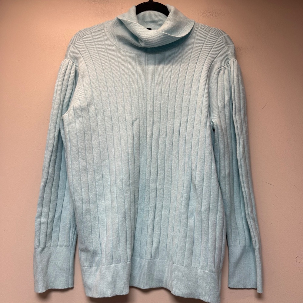Talbots Turtleneck Sweater Womens 2X Light Blue Excellent Ribbed Puff Sleeve